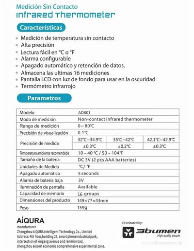 Termómetro Infrarrojo Digital 3bumen, Reg. Invima / Envío Ya