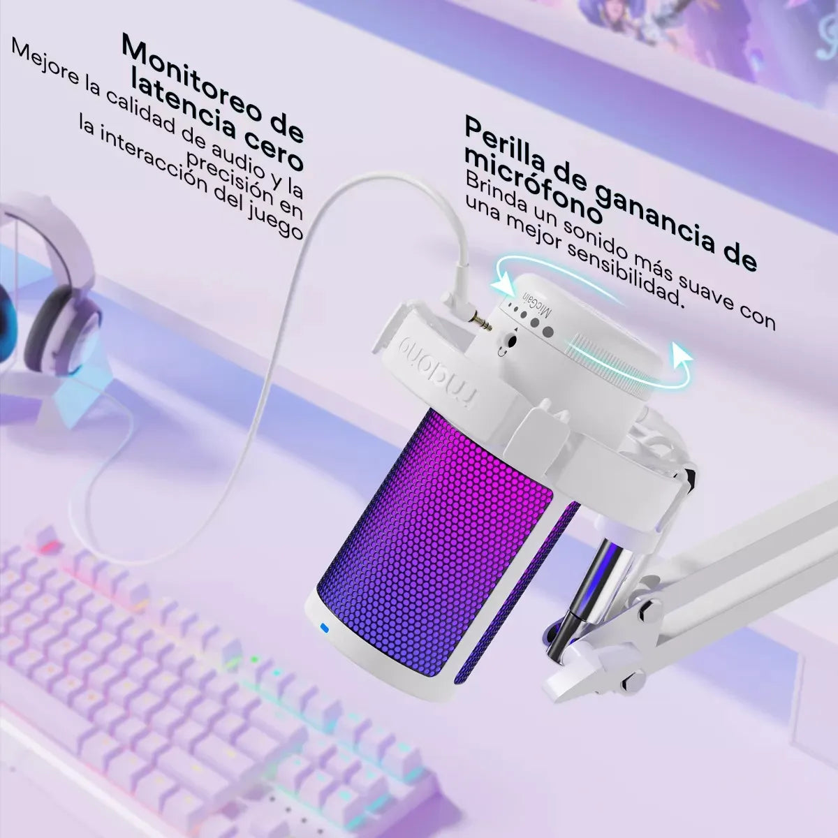 Micrófono Maono Dgm20s Cardioide Condensador Usb Profesional Con Cancelación De Ruido y Con Soporte De Brazo Rgb Color Blanco