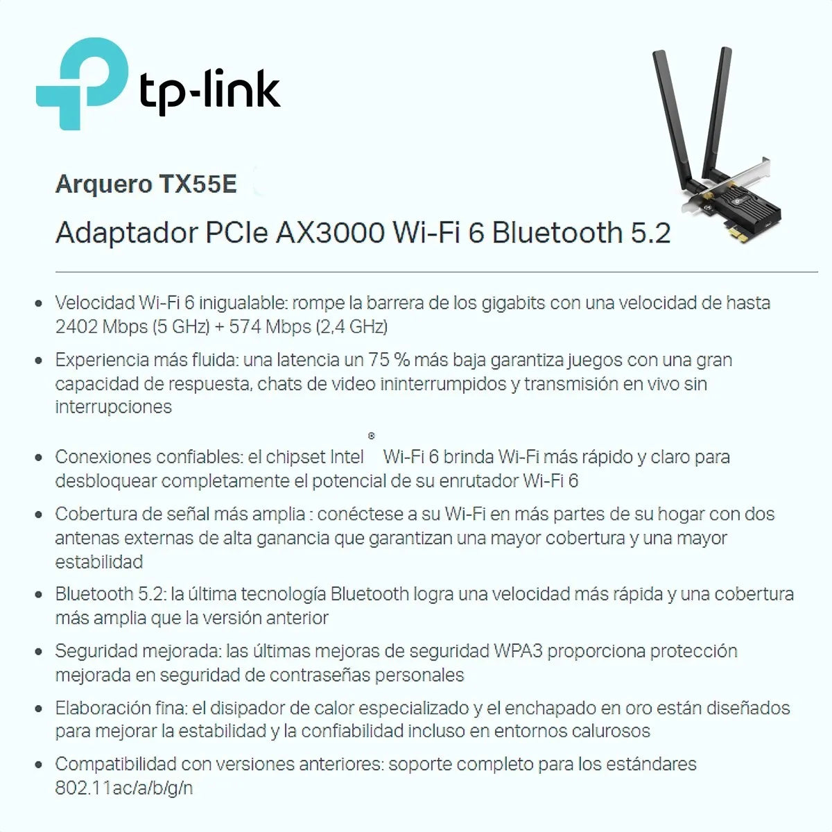 Tarjeta Pcie Wifi 6 Ax3000 + Bt 5.2, Tp-link Archer Tx55e