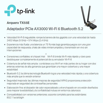 Tarjeta Pcie Wifi 6 Ax3000 + Bt 5.2, Tp-link Archer Tx55e