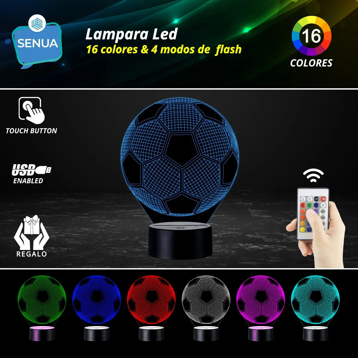 Lámpara De Noche 3d Led Balón Fútbol Regalo Holograma Negra