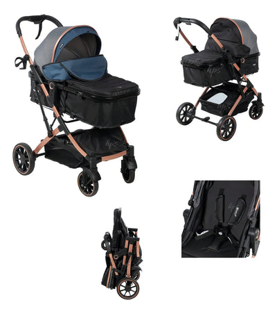 Coche Moisés Para Bebe Lujo 0 A 4 Años Ultra Liviano Color Negro - Azul Chasis Cobre