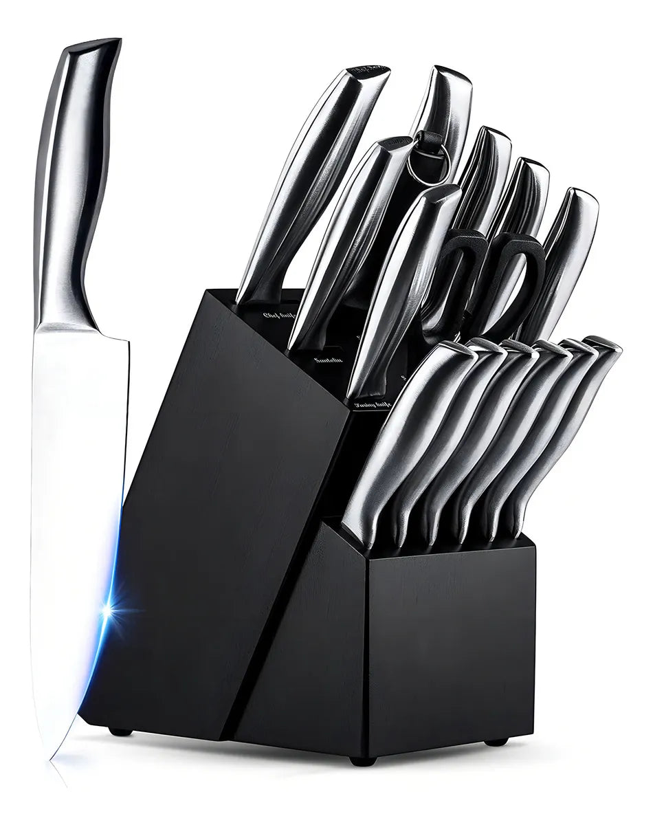 Juego Cuchillos Cocina Set 15 Piezas Acero Quirúrgico Base De Madera Modernos Premium