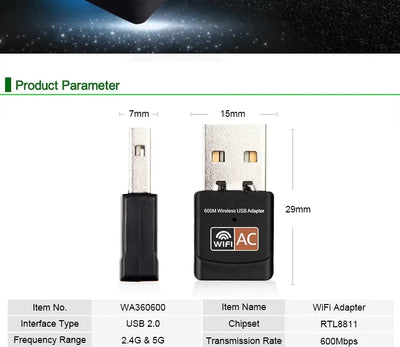 Adaptador Wifi Usb 5g Tarjeta Red Pc Ac 600 Doble Banda