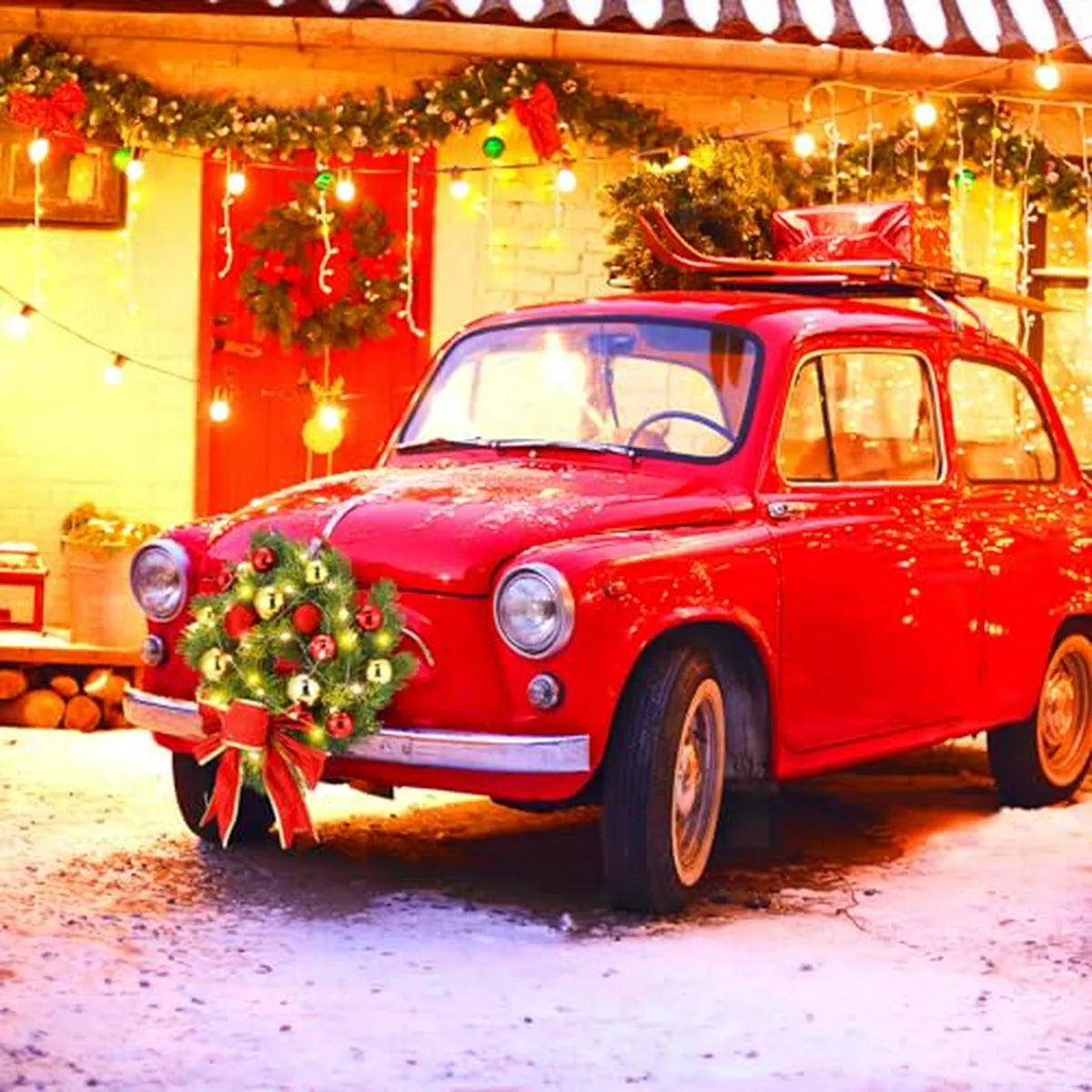 Adorno Navideño Para Coche Con Luces Led Y Lazo Rojo