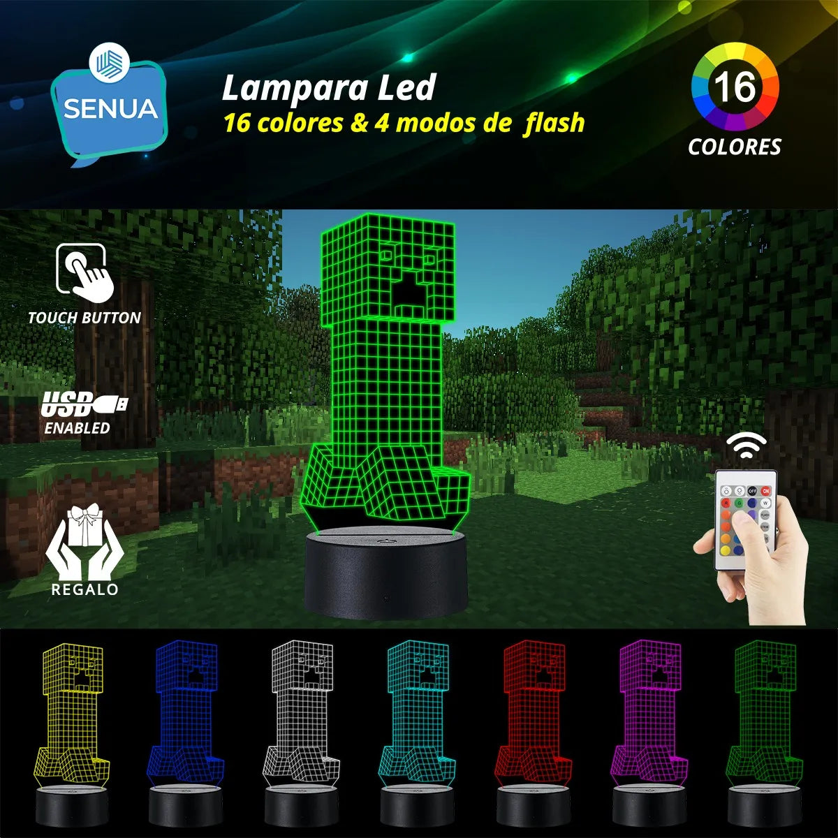 Lámpara De Noche Led 3d Minecraft Creeper Regalo Holograma Negro