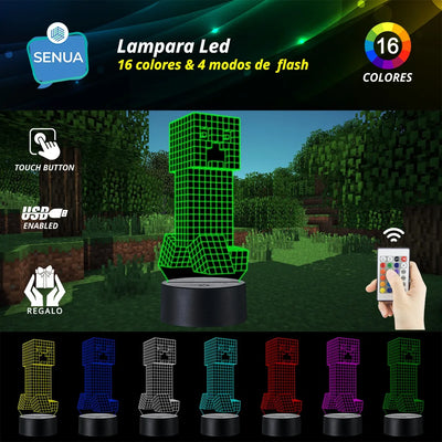 Lámpara De Noche Led 3d Minecraft Creeper Regalo Holograma Negro