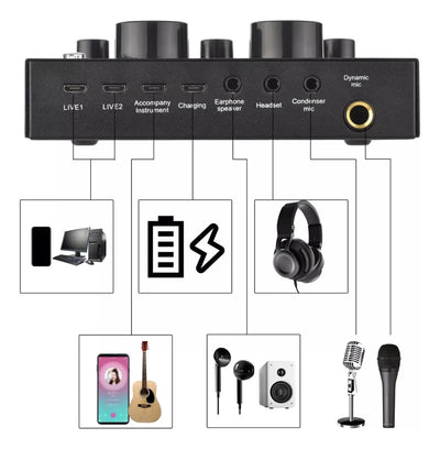 Microfono Profesional + Tarjeta De Sonido V8 Color Negro