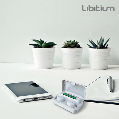 Audífonos Inalámbricos Bluetooth Libitium AUDI-B Color Blanco/Azul con Estuche de Carga