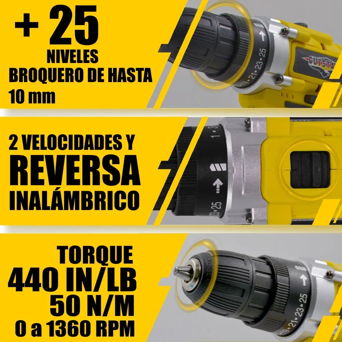 Taladro Atornillador Inalambrico 1360 Rpm Color Amarillo Frecuencia 60 rpm