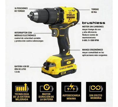 Taladro Percutor Inalámbrico 1/2 20v Stanley Sbd715c2k-b3