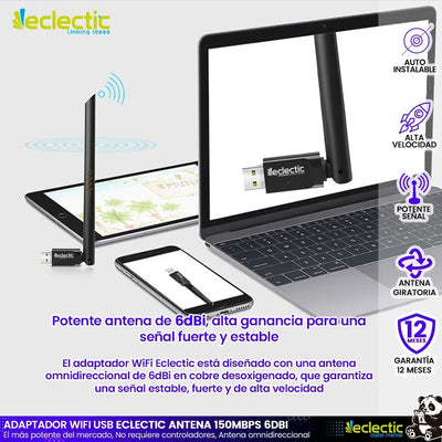 Tarjeta Red Usb Wifi Eclectic 6dbi Inalámbrica Rompemuros