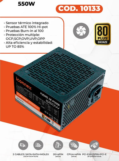 Uf-550w Fuente De Poder Bronze 80 Plus 550w Reales Iconnex Negro