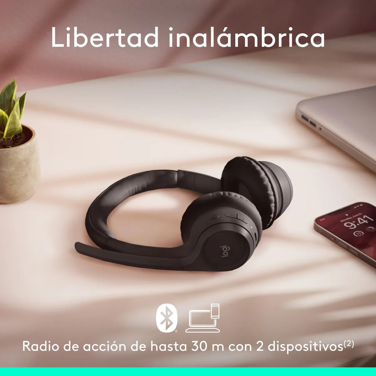 Logitech Zone 300, Diadema Bt Inalámbrica, 2 Micrófonos, Blk Color Negro Luz Blanco
