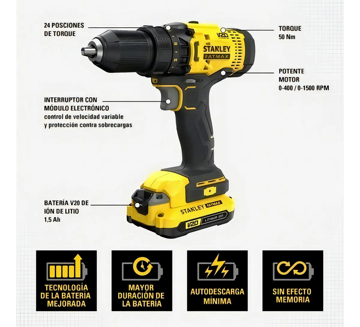 Taladro Atornillador Inalambrico 1/2 Stanley Scd700c2k Color Amarillo