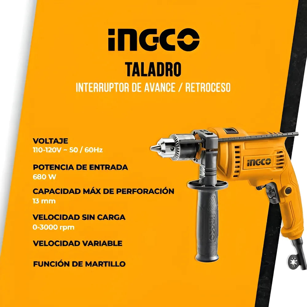 Ingco UID6808 taladro percutor 1/2 110/V120V60HZ 680W 0-3000RPM color amarillo.