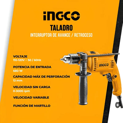 Ingco UID6808 taladro percutor 1/2 110/V120V60HZ 680W 0-3000RPM color amarillo.