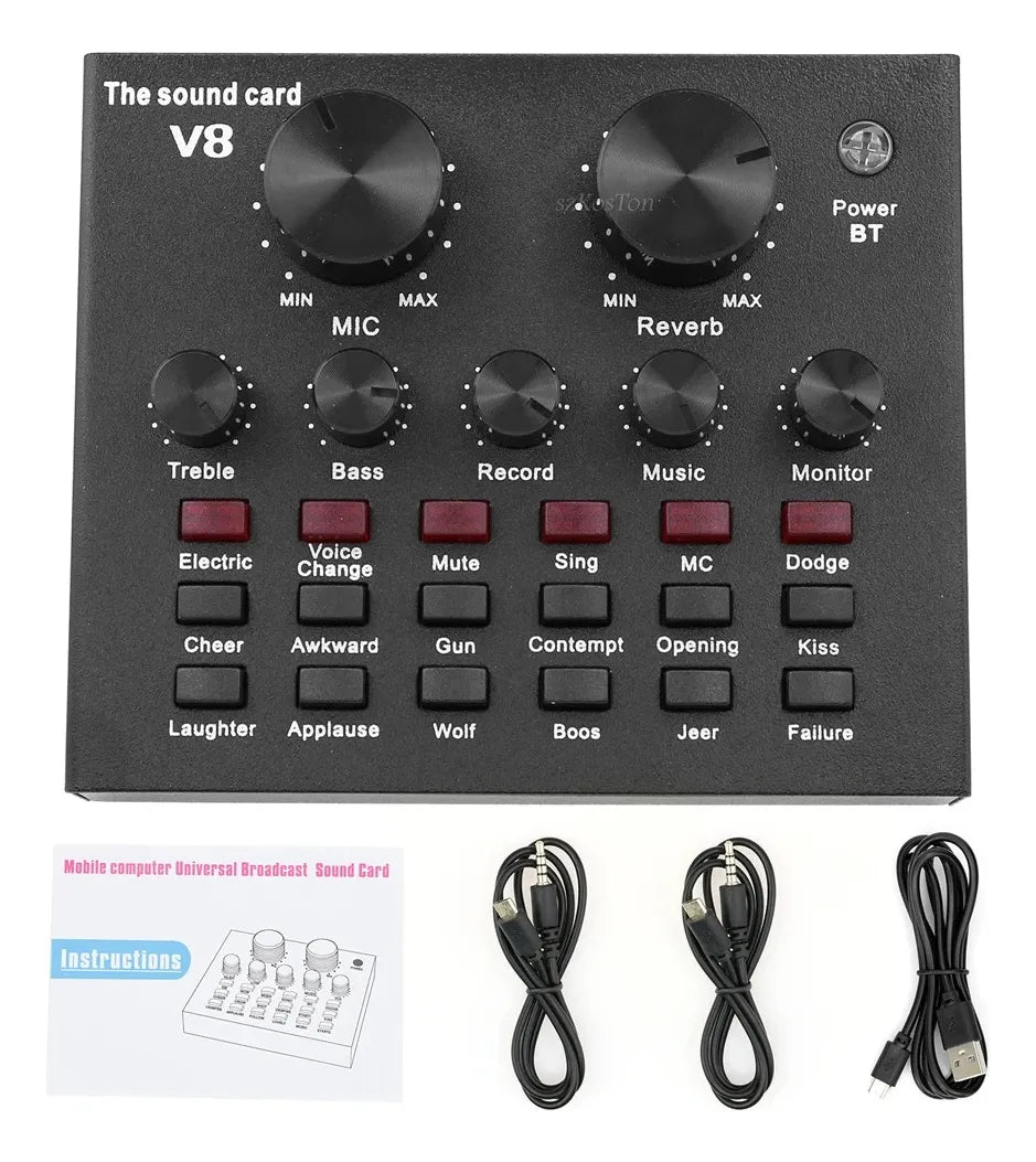 Interfaz Mezclador De Audio Externo Usb Tarjeta De Sonido V8 Negro