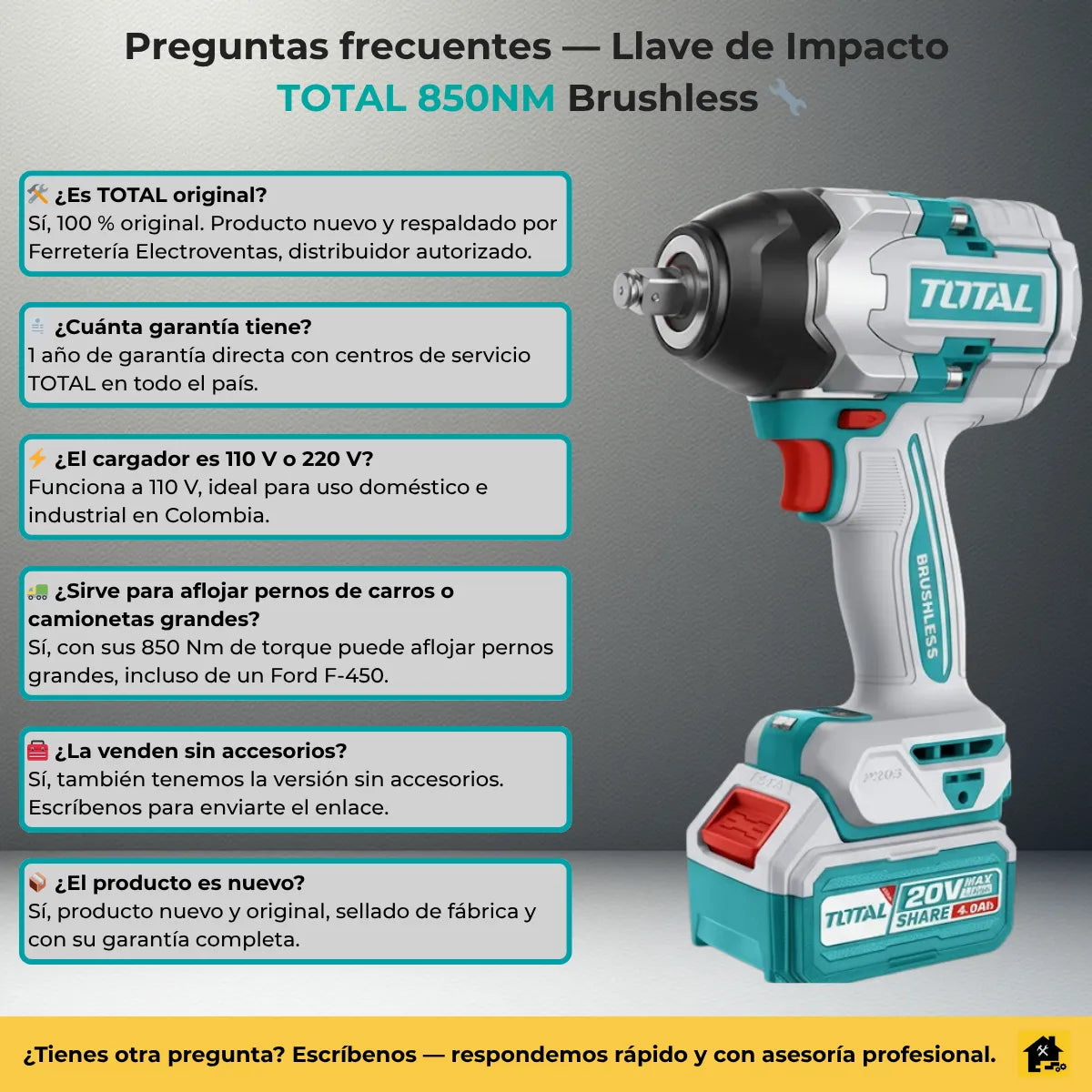 Pistola Llave De Impacto 1/2 850nm + 2 Bat + Cargador Total - Turquesa - 50 Hz/60 Hz
