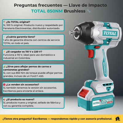 Pistola Llave De Impacto 1/2 850nm + 2 Bat + Cargador Total - Turquesa - 50 Hz/60 Hz