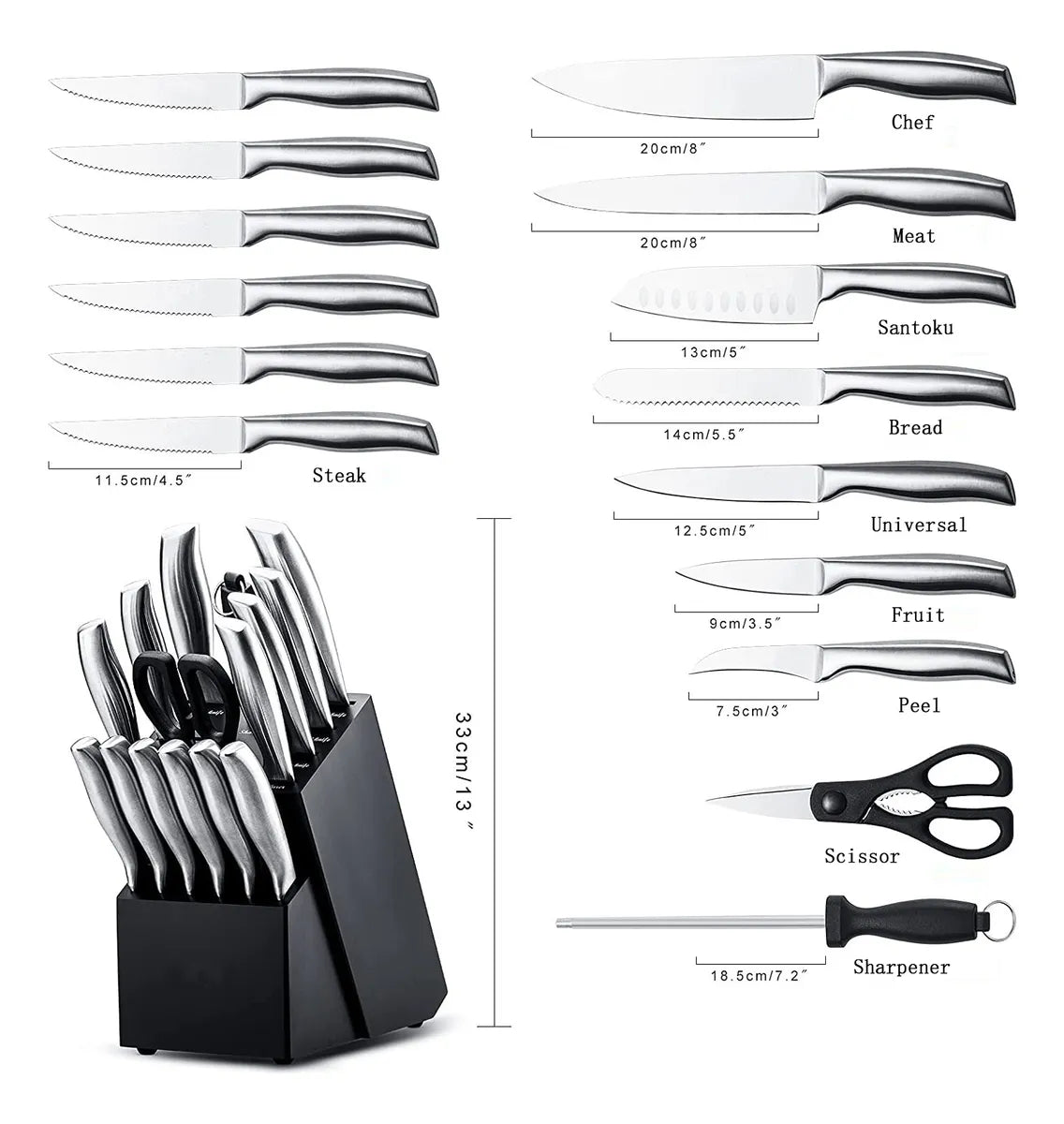 Juego Cuchillos Cocina Set 15 Piezas Acero Base De Madera
