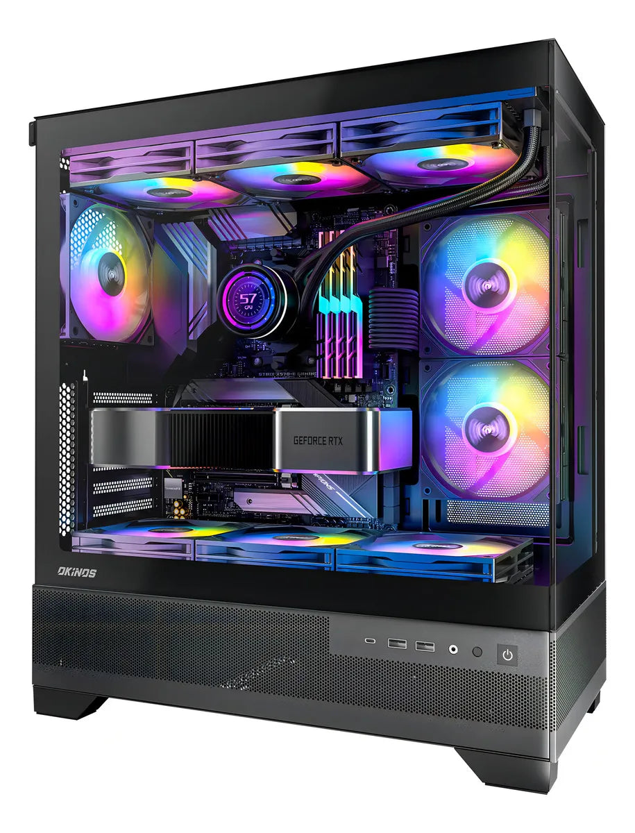 Okinos Aqua 7, Ventilador Pwm Argb Preinstalado De 6 × 120 Mm, Carcasa Atx De Torre Media, Carcasa De Computadora Con Panel Frontal Y Lateral De Vidrio Templado Panorámico, Puerto Tipo C, Funda Para
