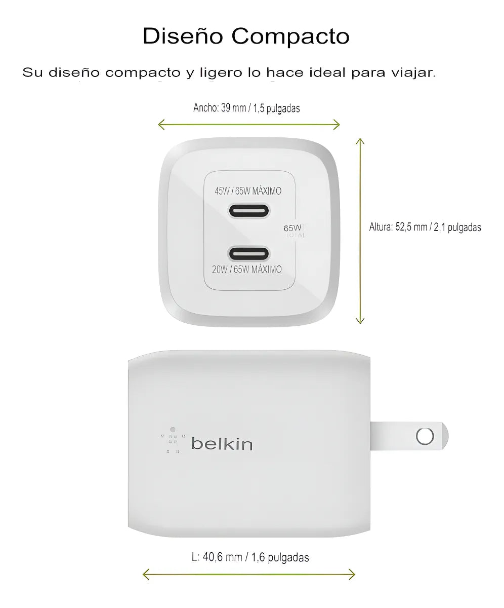 Cargador Pared Dual Belkin Usbc 65w Color Blanco