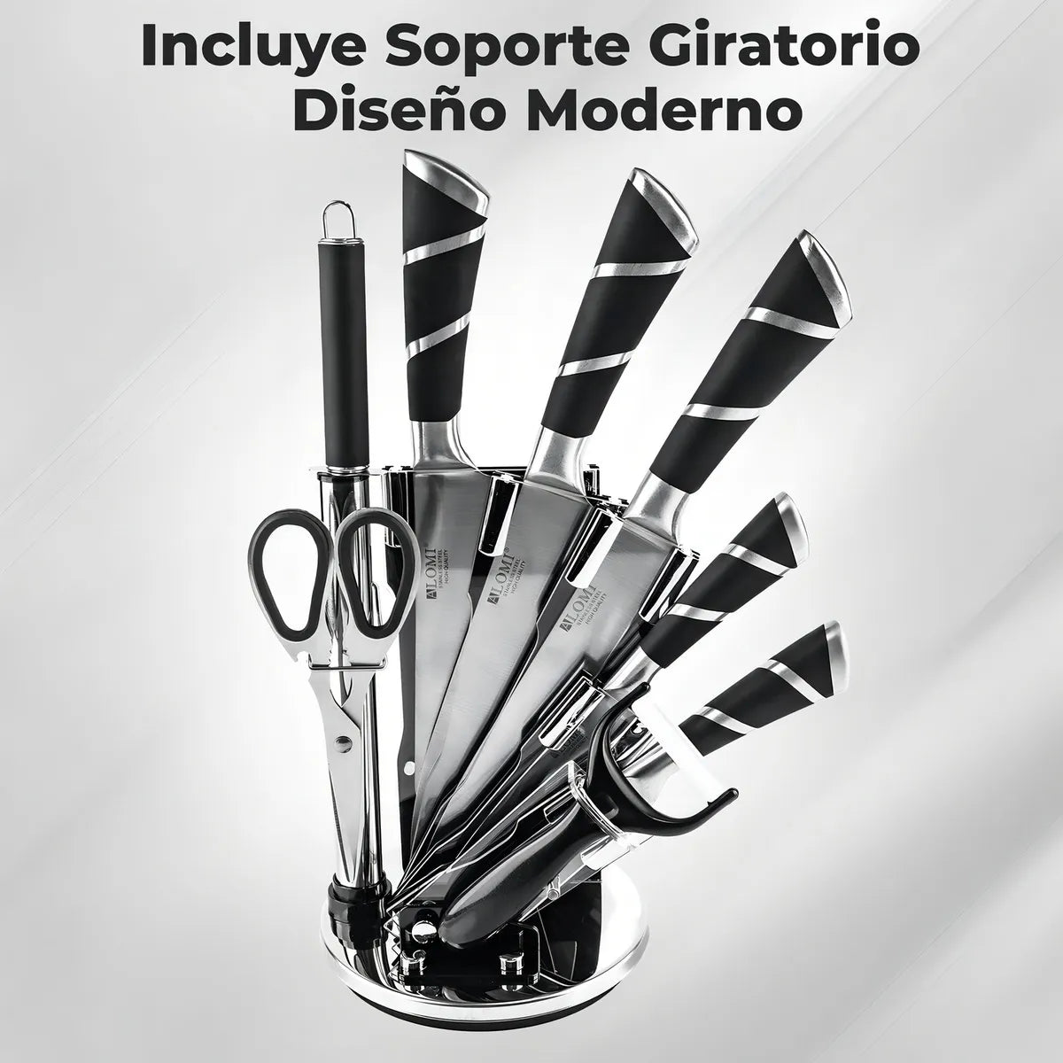 Juego de Cuchillos Profesionales Chef Master 807601 9 Piezas con Soporte Giratorio Acero Inoxidable