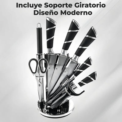 Juego de Cuchillos Profesionales Chef Master 807601 9 Piezas con Soporte Giratorio Acero Inoxidable