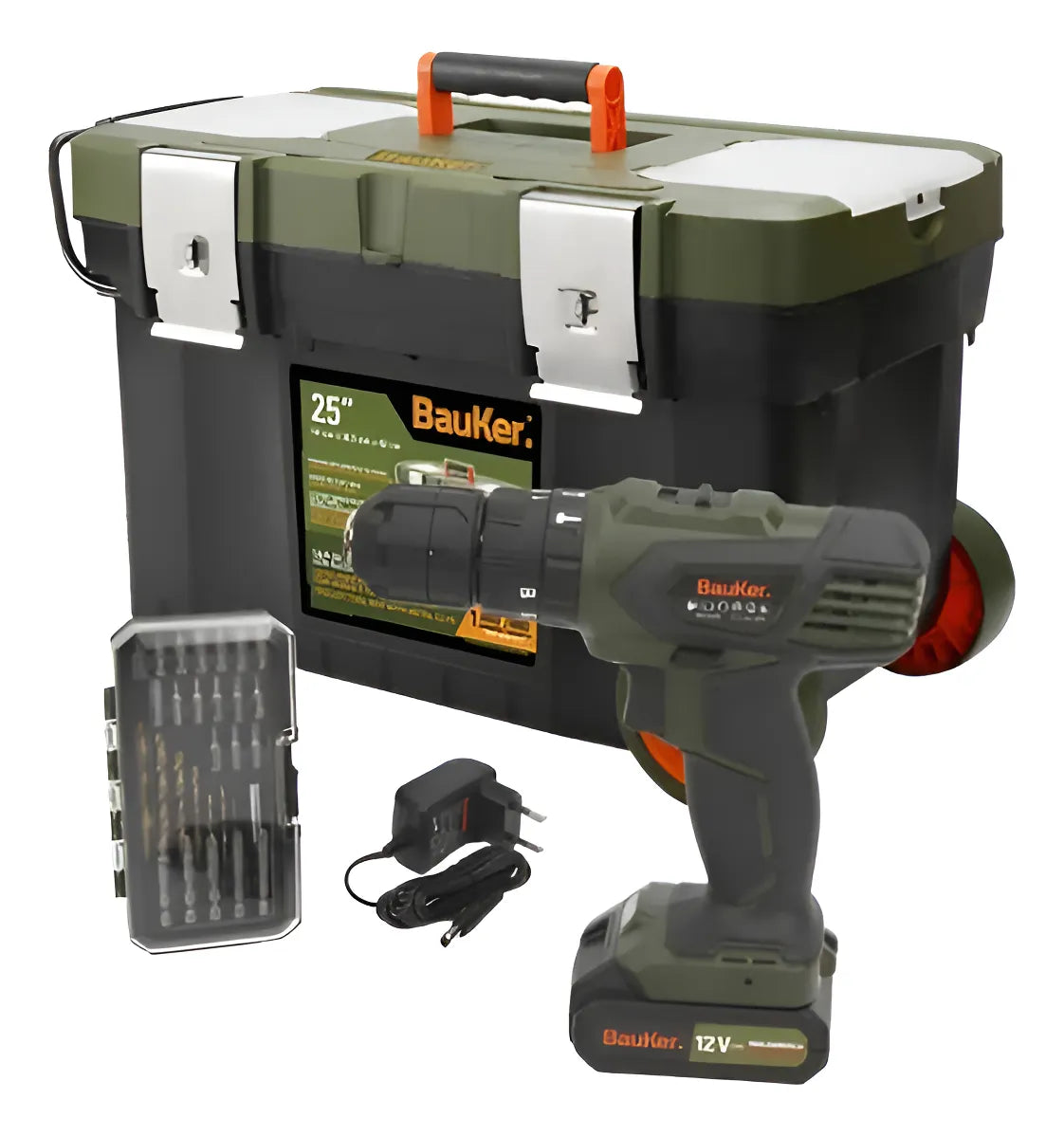 Combo Taladro 3/8 12v + 29 Accesorios + Carro 25 Bauker Verde Musgo 100