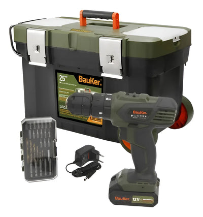 Combo Taladro 3/8 12v + 29 Accesorios + Carro 25 Bauker Verde Musgo 100