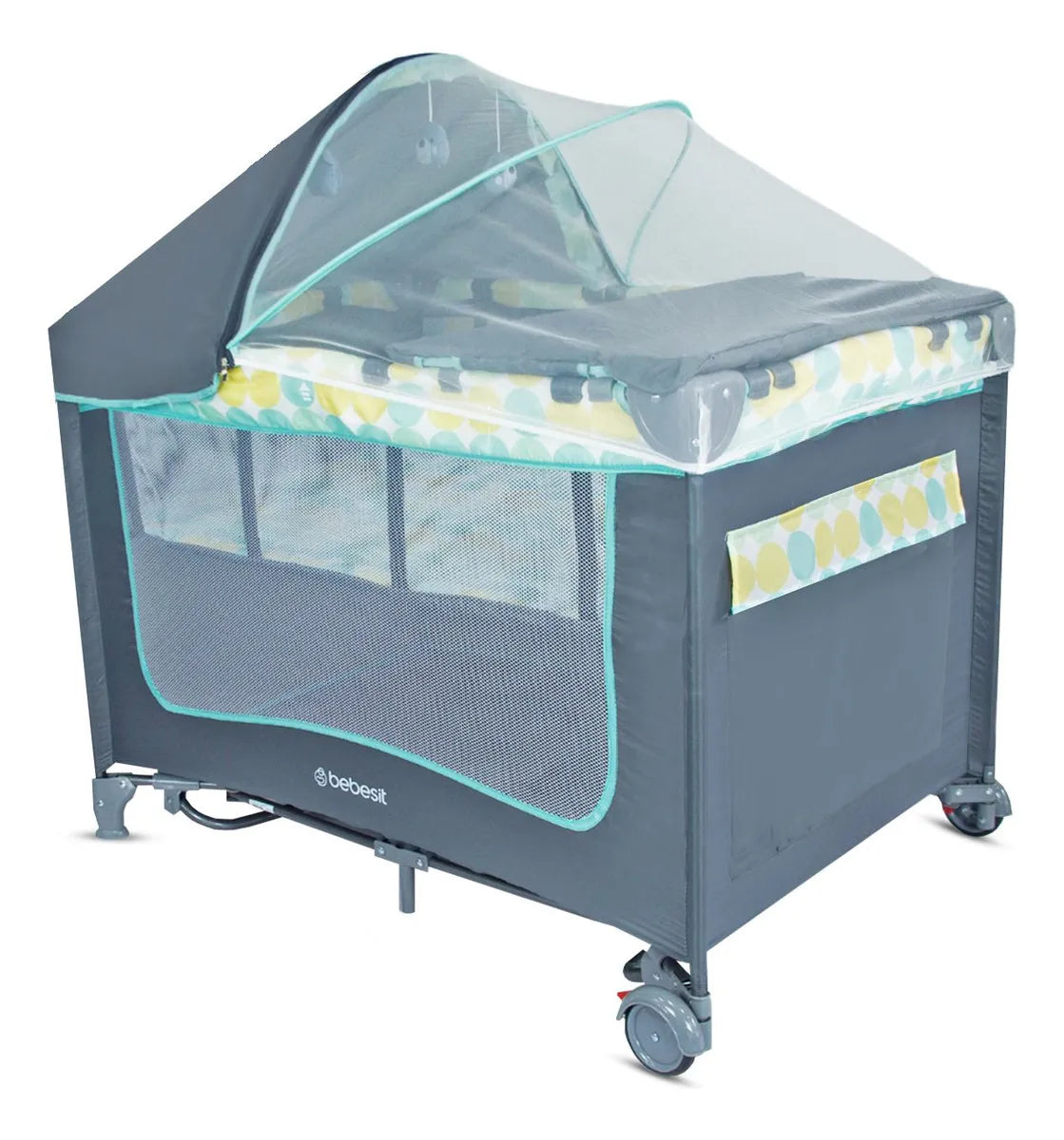 Cuna Corral Bebé Con Mosquitero removible , Mecedora + Cambiador y bolsa de transporte Color Azulincluye ruedas