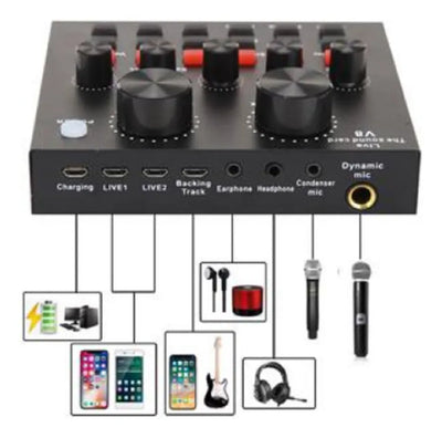 Kit Micrófono Condensador + Tarjeta Sonido + 9 Accesorios Negro