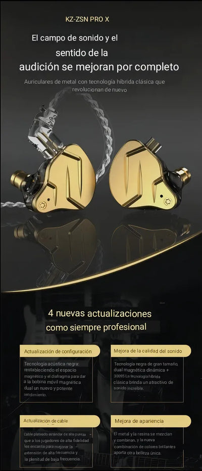 Audífonos In-ear Kz Zsn Prox Híbrido Hifi Monitoreo Color Dorado Con Mic