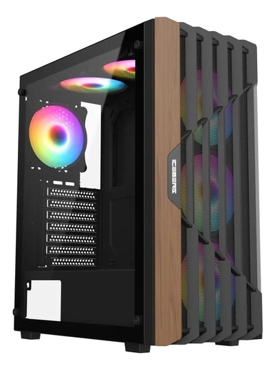 Caja Gabinete Gamer Iceberg Wood Core Argb 6 Ventiladores Negro