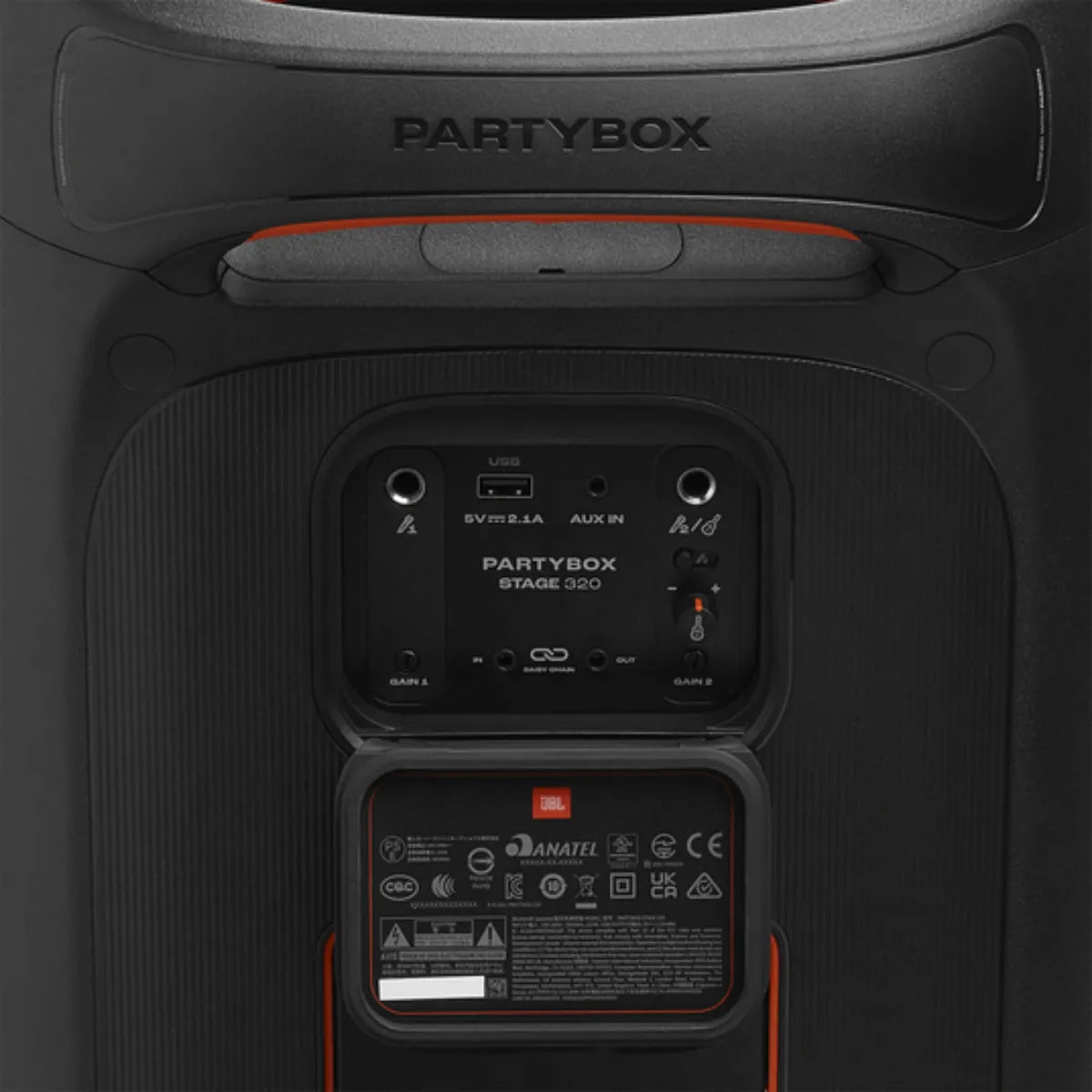 Parlante JBL PartyBox Stage 320 JBLPBSTAGE320AM portátil con bluetooth waterproof negra