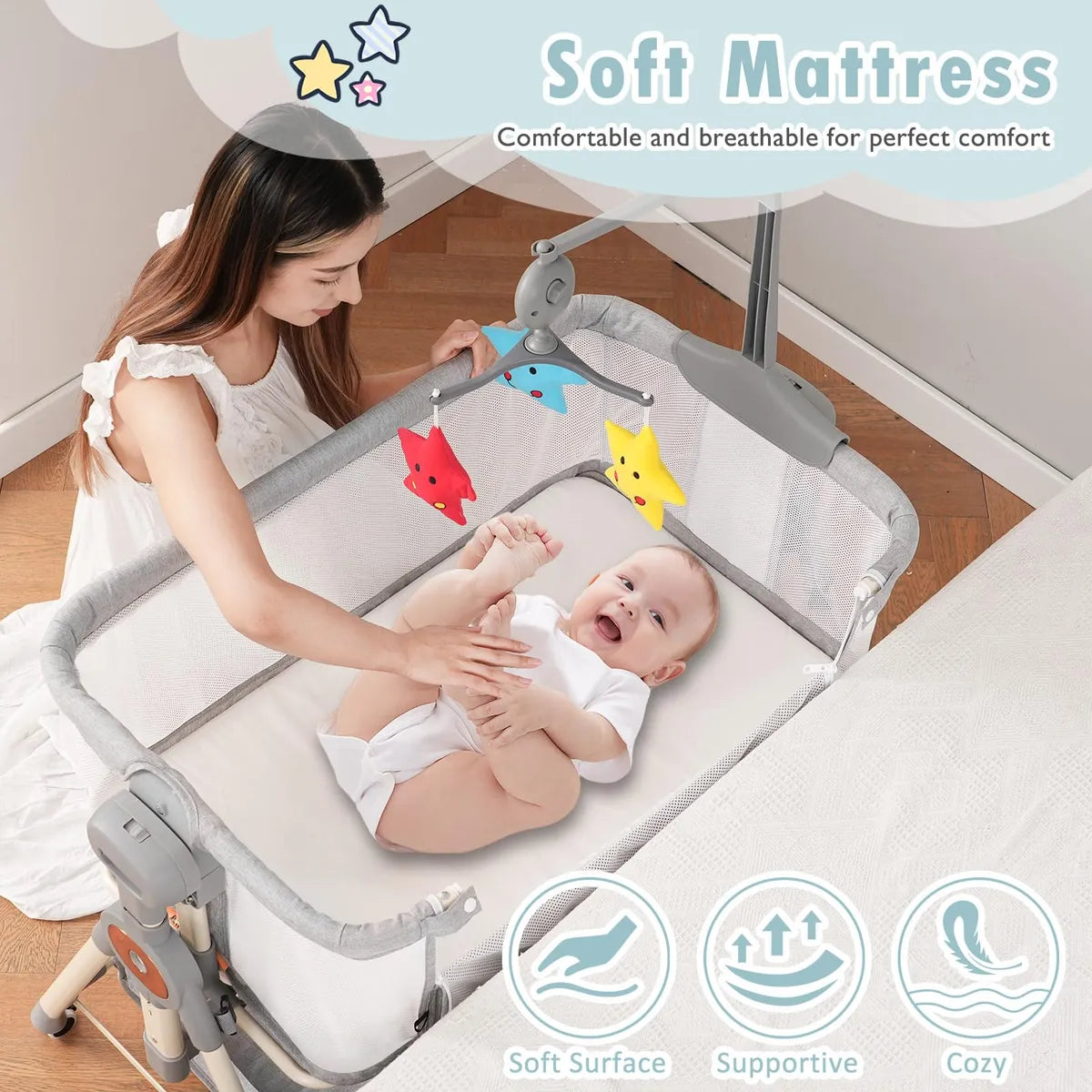 Cuna Mecedora 3 En 1 Con Juguetes Musicales Y Ruedas Gris