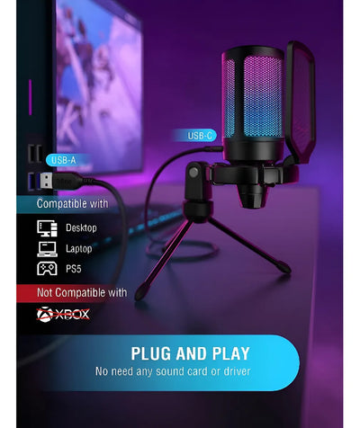 Micrófono de condensador para jugadores Fifine A6v con filtro pop, triple color negro