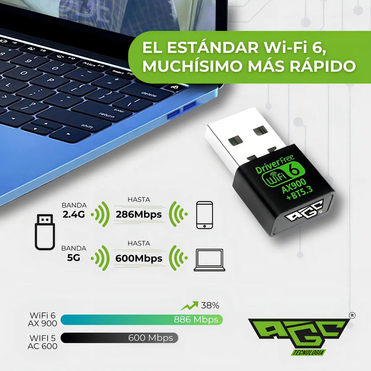 Adaptador Wifi Usb Tarjeta Red Pc 6g 5g Ax 900 Bluetooth 5.3 Doble Banda Dual / Windows 10 Y 11 / Marca Agc Tecnologia