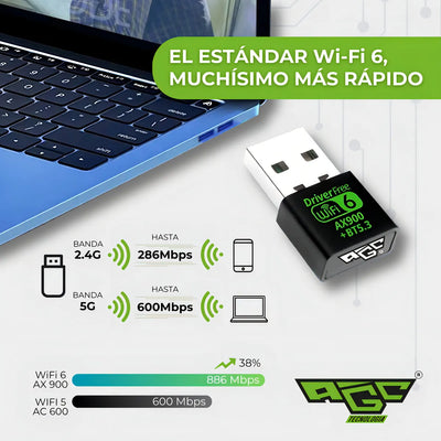 Adaptador Wifi Usb Tarjeta Red Pc 6g 5g Ax 900 Bluetooth 5.3 Doble Banda Dual / Windows 10 Y 11 / Marca Agc Tecnologia