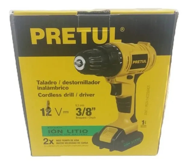 Taladro Inalámbrico Destornillador 12v Mandril 3/8 Pretul Amarillo 60 Hz