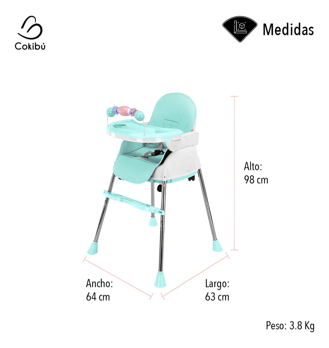 Silla De Bebé Para Comer 3 En 1 Color Menta Color Agua Liso