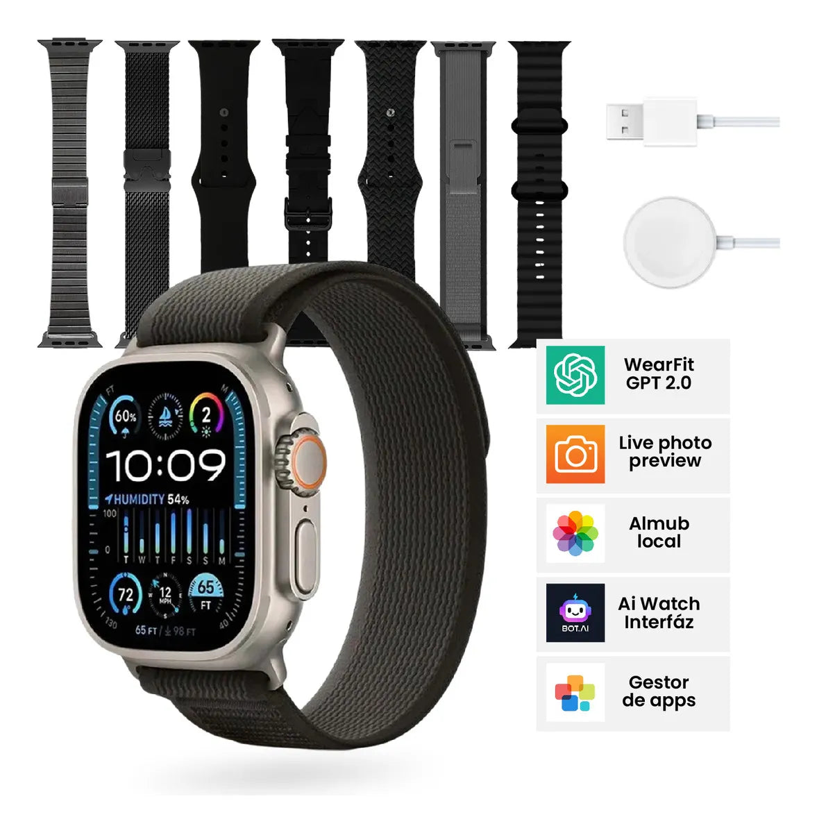 Smartwatch H9 Ultra Plus 49mm 7 Correas Nfc, Amoled, Bluetooth Negro