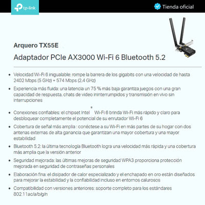 Tp-link, Tarjeta Pcie Wifi 6 Ax3000 + Bt 5.2, Archer Tx55e