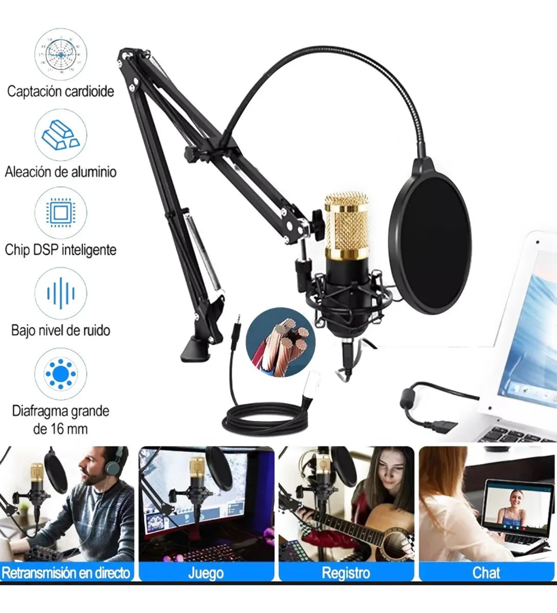 Micrófono Profesional Condensador+brazo+tarjeta Sonido V8 Dorado