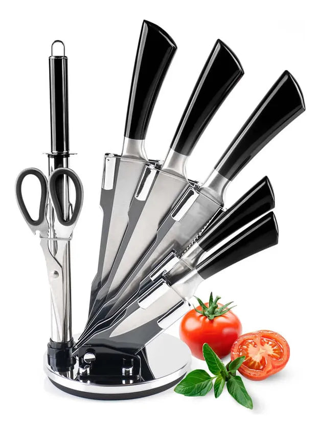 Set de cuchillos de cocina 8 piezas con soporte giratorio hojas de acero inoxidable y mangos ergonómicos color negro Chef Master 807602