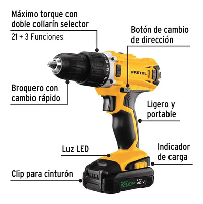 Taladro Inalámbrico 1/2'' 20 V 1500 Rpm Pretul 26118 - Amarillo