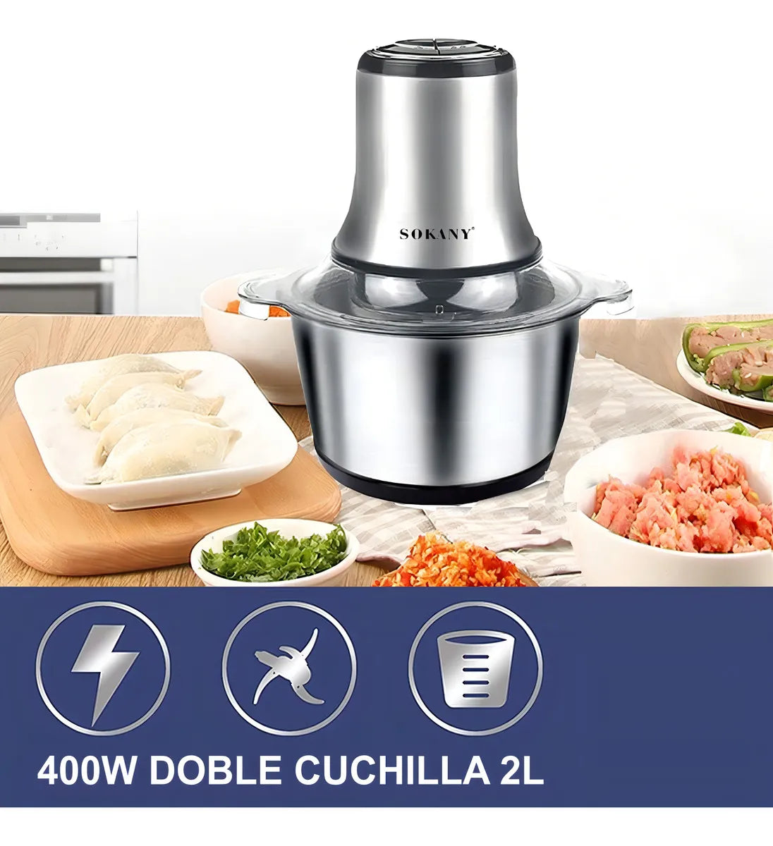 Picatodo Electrico Sokany 400w 2 Litros Doble Cuchilla Acero Color Gris