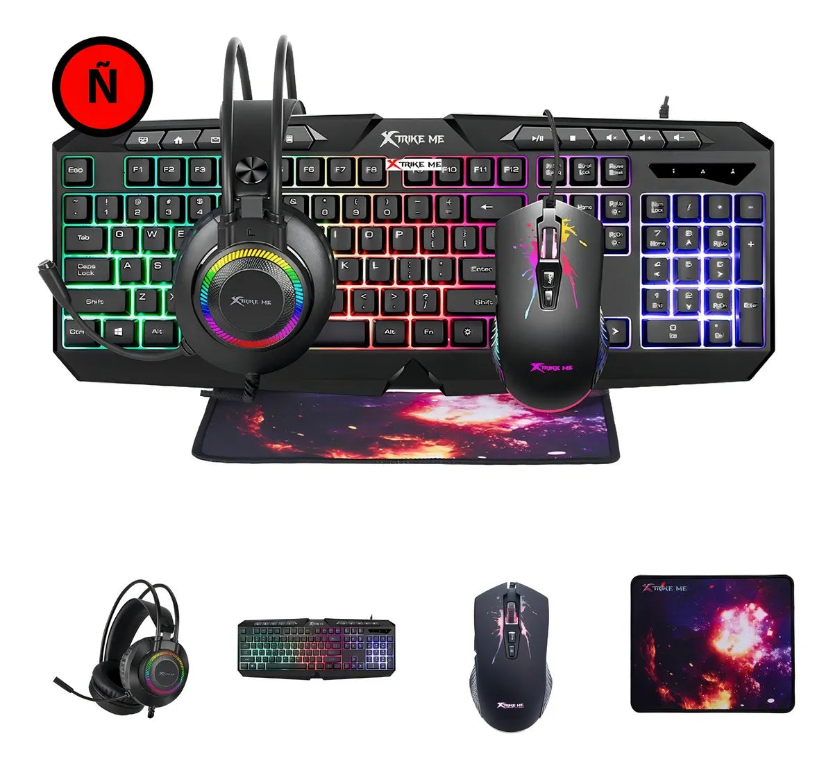 Combo Gamer 4en1 Xtrike Me Teclado Mouse Audifono Pad Rgb Color del teclado Negro