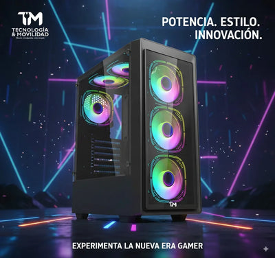 Chasis Gamer Aerox Atx Gabinete Vidrio Templado + 6 Fan Argb Negro